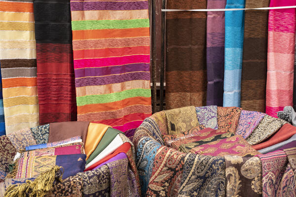 Typical colored fabrics of Morocco, Essaouira, Marrakech-Safi, Morocco