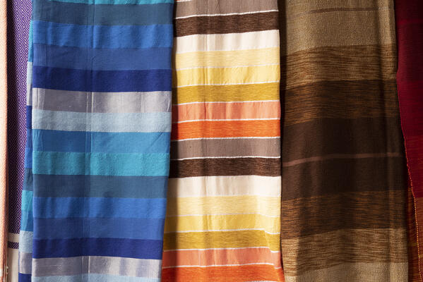 Typical colored fabrics of Morocco, Essaouira, Marrakech-Safi, Morocco