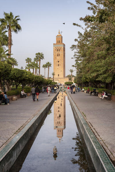 The Mosque of Koutoubia is reflected in the water, Marrakech, Marrakech-Safi, Morocco