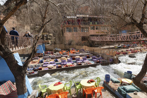 Typical restaurant near the river in the small village of Sti Fadma in the mountains of Morocco, Morocco, Africa 