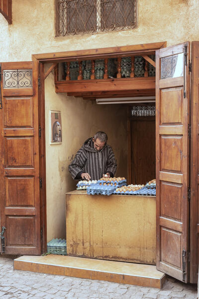 Man in his egg shop, Marrakech, Morocco, Africa 
