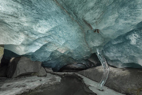 Inside the cave of Morteratsch glacier, Morteratsch, Engadine, canton of Graubunden, Switzerland