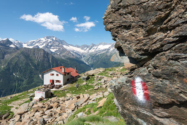 Longoni hut and mount Disgrazia in Malenco Valley during summer, Valtellina, Sondrio province, Lombardy, Italy, Europe