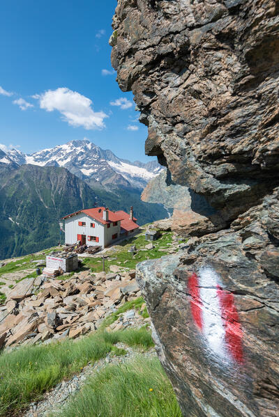 Longoni hut and mount Disgrazia in Malenco Valley during summer, Valtellina, Sondrio province, Lombardy, Italy, Europe