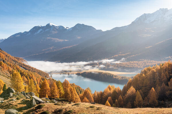Village and lake of Sils during autumn season, Engadine, Canton of Graubunden, Switzerland 