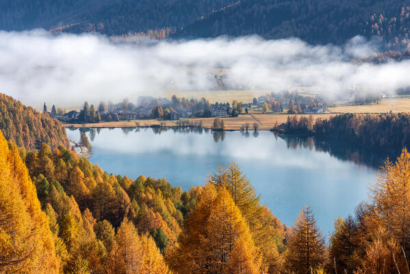 Village and lake of Sils during autumn season, Engadine, Canton of Graubunden, Switzerland 