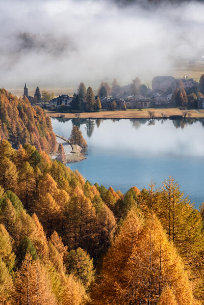 Village and lake of Sils during autumn season, Engadine, Canton of Graubunden, Switzerland 