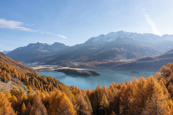 Village and lake of Sils during autumn season, Engadine, Canton of Graubunden, Switzerland 