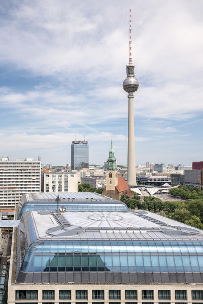 The roofs of DDR Museum and Berliner Fernsehturm tower from Berliner Dom, Berlin, Germany Europe