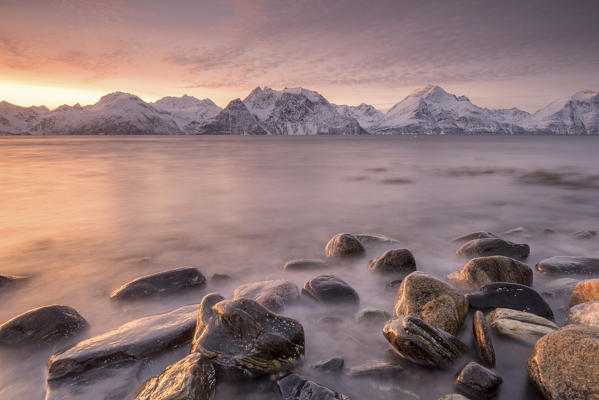 Sunrise on the stones on the shore, Djupvik, Lyngen Alps, Tromso, Norway, Europe