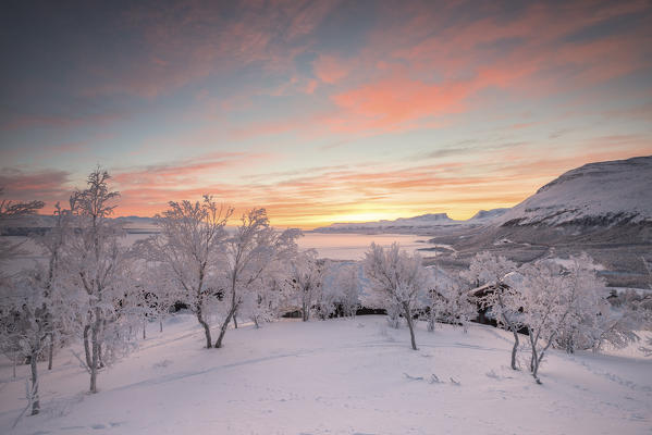 Sunrise on the little village, Bjorkliden, Abisko, Kiruna Municipality, Norrbotten County, Lapland, Sweden