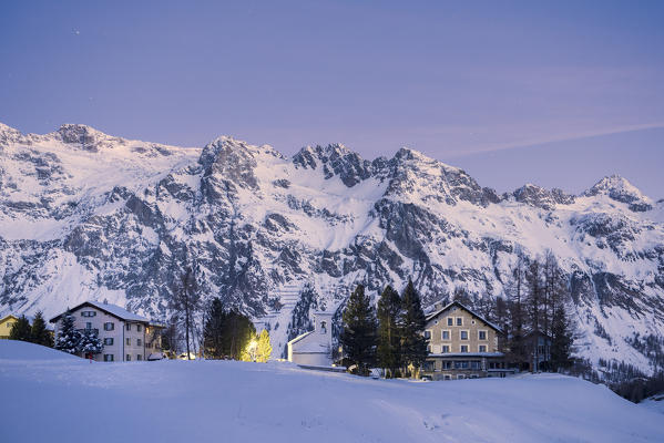 Dawn on the little village in Fex Valley in Engadine,  St Moritz, canton of Graubünden, Engadine, Switzerland, Europe