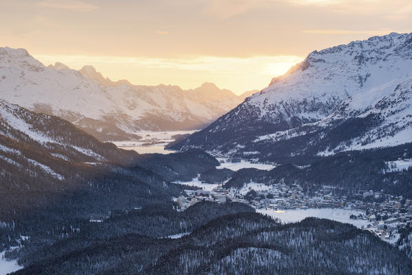 The sunset on St. Moritz from Muottas Muragl, St. Moritz, Canton of Graubunden, Engadin, Switzerland, Europe  