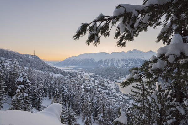 The sunrise on St. Moritz after snowy night, Canton of Graubunden, Engadin, Switzerland, Europe  
