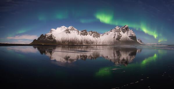Vestrahorn mountain under the aurora borealis, South eastern Iceland
