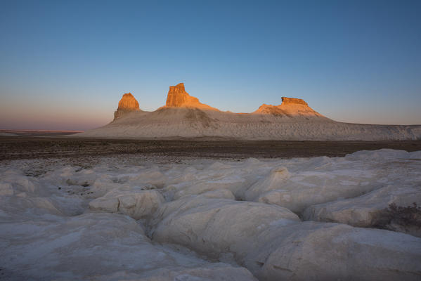 Rock formations at sunrise at Boszhira at Caspian Depression desert, Aktau, Mangystau region, Kazakhstan