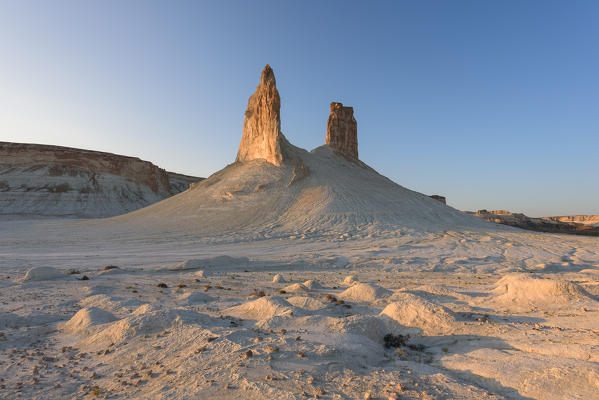 Rock formations at sunset at Caspian Depression desert, Boszhira, Aktau, Mangystau region, Kazakhstan