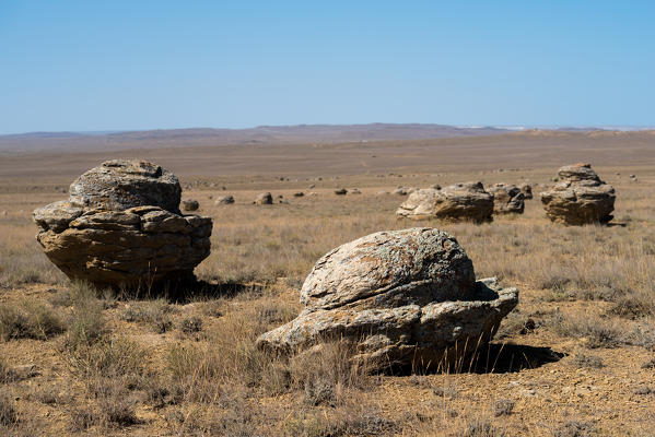 Geological spherical rock formations at Valley of Balls at Caspian Depression desert, Aktau, Mangystau region, Kazakhstan