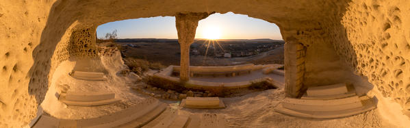 Panoramic image of an ancient kazakh cemetery Shakpak Sai at sunset at Caspian Depression, Aktau, Mangystau region, Kazakhstan