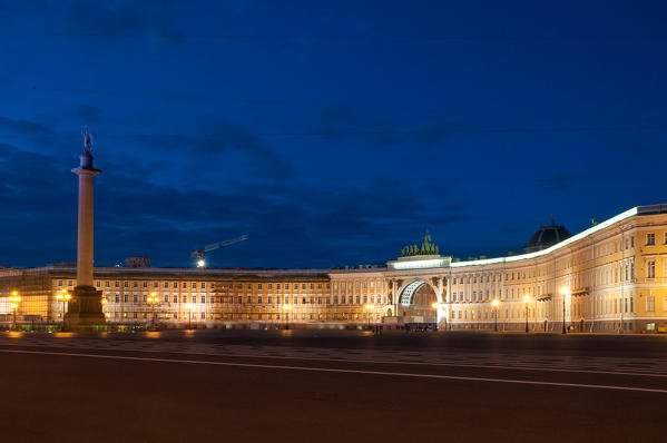 Palace Square backed by the General staff arch and building, as the main square of the Russian Empire at night, Saint Petersburg, Russia