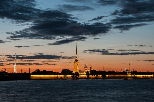 Peter and Paul Fortress on Zayachy Island at dusk, Saint Petersburg, Russia