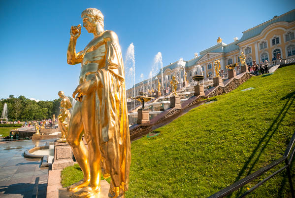 Golden statues of the fountain Grand Cascade of Peterhof, Saint Petersburg, Russia