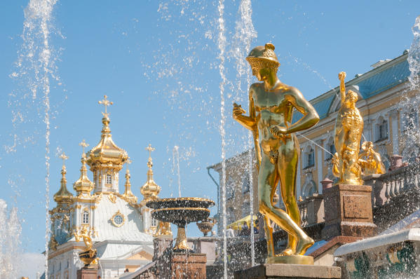 Golden statues of the fountain Grand Cascade of Peterhof, Saint Petersburg, Russia