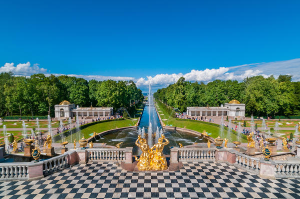 The view to the fountain in Grand Cascade of Peterhof, Saint Petersburg, Russia