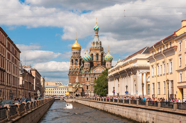 View of the Church of the Savior on Blood from the Griboedov Canal, Neva river, Saint Petersburg, Russia