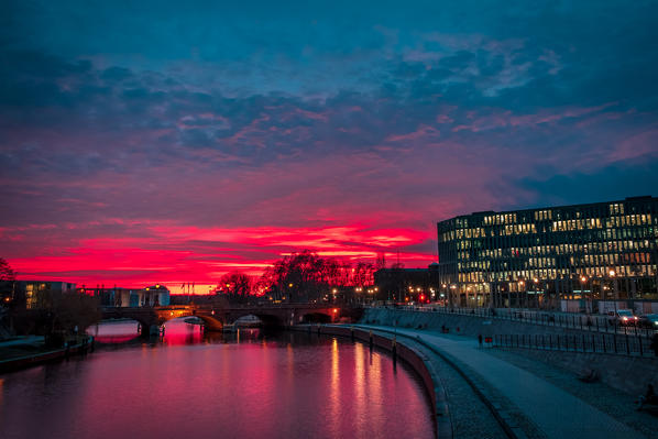 The sky is colorful over Berlin in a winter evening. Mitte district, Berlin, Germany, Europe.