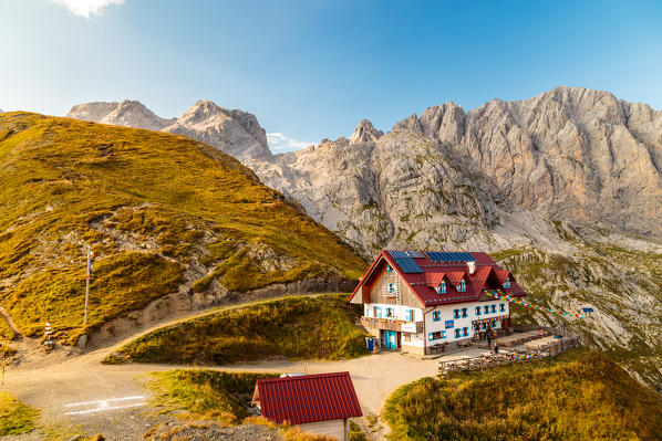 Summer sunset at the Rifugio Marinelli, below the Monte Coglians and the Creta delle Chianevate, in the Carnic Alps, Udine province, Friuli Venezia-Giulia region, Italy