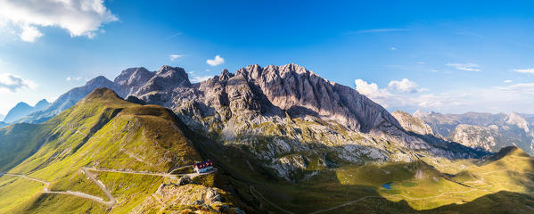 Summer sunset at the Rifugio Marinelli, below the Monte Coglians and the Creta delle Chianevate, in the Carnic Alps, Udine province, Friuli Venezia-Giulia region, Italy