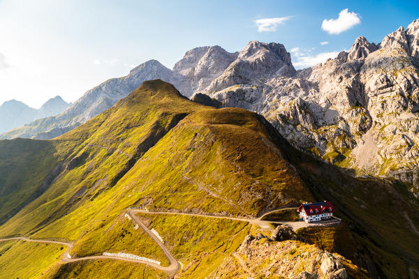 Summer sunset at the Rifugio Marinelli, below the Monte Coglians and the Creta delle Chianevate, in the Carnic Alps, Udine province, Friuli Venezia-Giulia region, Italy