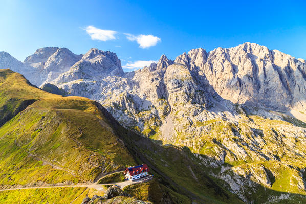 Summer sunset at the Rifugio Marinelli, below the Monte Coglians and the Creta delle Chianevate, in the Carnic Alps, Udine province, Friuli Venezia-Giulia region, Italy