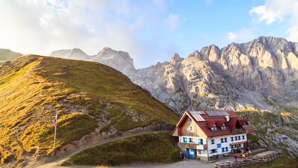 Summer sunset at the Rifugio Marinelli, below the Monte Coglians and the Creta delle Chianevate, in the Carnic Alps, Udine province, Friuli Venezia-Giulia region, Italy