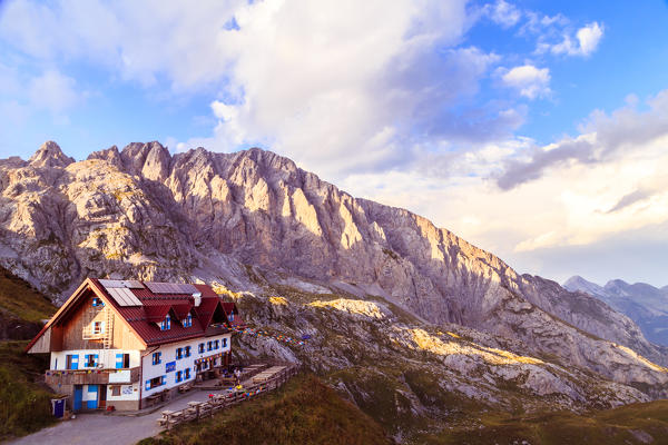 Summer sunset at the Rifugio Marinelli, below the Monte Coglians and the Creta delle Chianevate, in the Carnic Alps, Udine province, Friuli Venezia-Giulia region, Italy