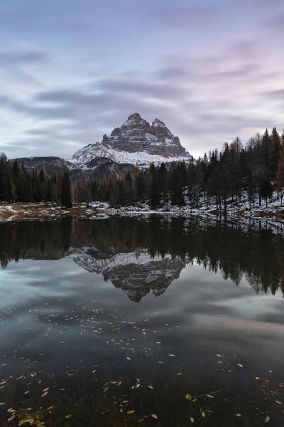 sunrise at Lake Antorno with reflection of the Tre Cime of Lavaredo, Belluno province, Veneto district, Dolomites, Italy, Europe.