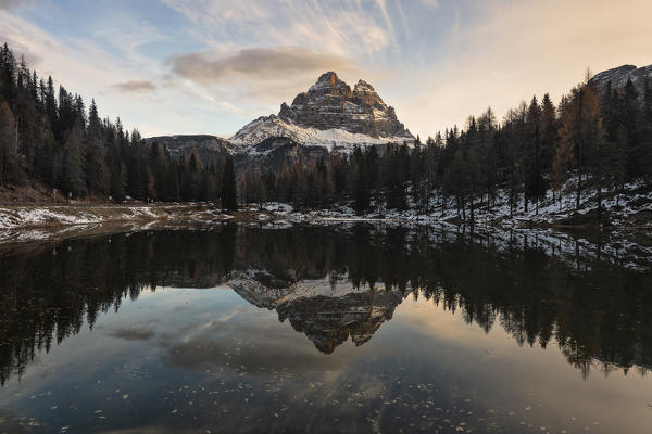 sunrise at Lake Antorno with reflection of the Tre Cime of Lavaredo, Belluno province, Veneto district, Dolomites, Italy, Europe.