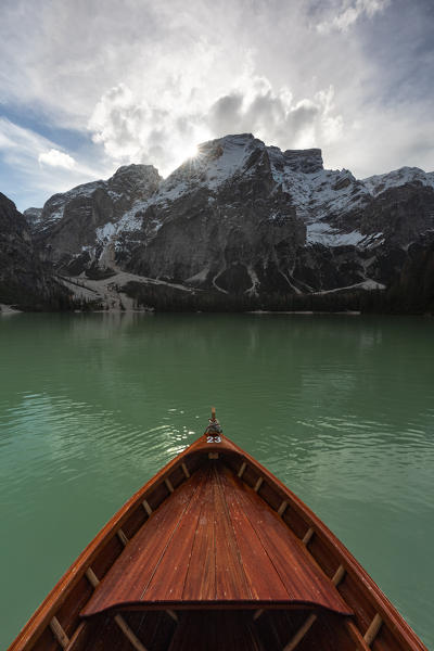 sailing on Lake Braies, Natural Park fanes-sennes-braies, Bolzano province, Trentino Alto Adige district, Dolomites, South Tyrol, Italy, Europe.