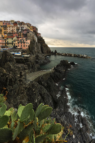 cloudy day at Manarola, national park of Cinque Terre, municipality of Riomaggiore, La Spezia province, Liguria district, Italy, Europe