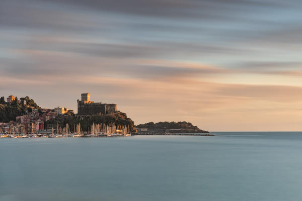 long exposure and colorful sunset at Lerici castle, municipality of Lerici, La Spezia province, Liguria district, Italy, Europe