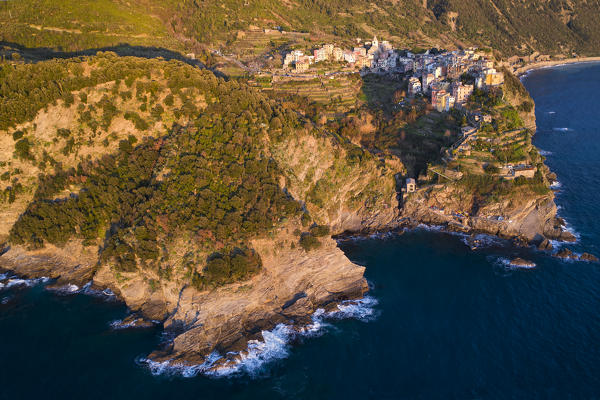 aerial view of Corniglia in winter day, municipality of Vernazza, Cinque Terre, La Spezia province, Liguria district, Italy, Europe