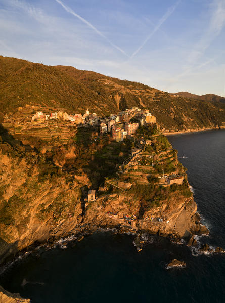 aerial view of Corniglia in winter day, municipality of Vernazza, Cinque Terre, La Spezia province, Liguria district, Italy, Europe