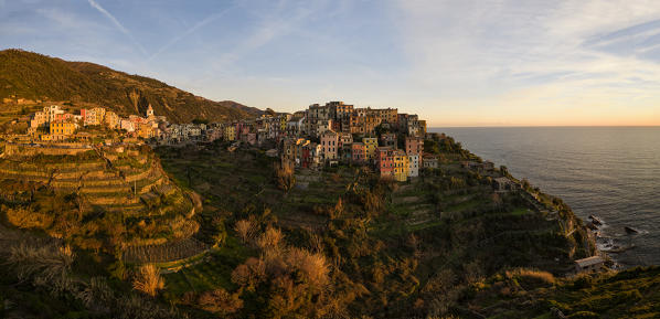 aerial view of Corniglia in winter day, municipality of Vernazza, Cinque Terre, La Spezia province, Liguria district, Italy, Europe