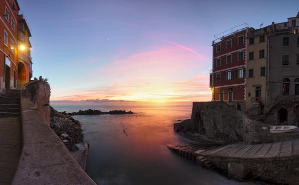 Panoramic view of Riomaggiore Harbour at winter sunset, municipality of Riomaggiore, Cinque Terre, La Spezia province, Ligury, Italy, Europe