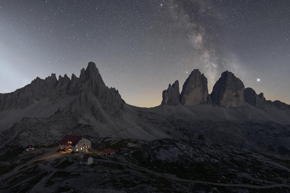 Milky Way's over Tre Cime di Lavaredo, Drei Zinnen, Three Peaks of Lavaredo, Dolomites, South Tyrol, Italy, Europe 