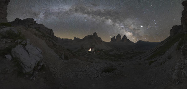 Milky Way's arch over Tre Cime di Lavaredo, Drei Zinnen, Three Peaks of Lavaredo, Dolomites, Veneto, South Tyrol, Italy, Europe 