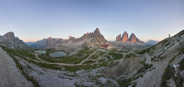 Panoramic of Tre Cime di Lavaredo and Paterno mountain, Drei Zinnen, Three Peaks of Lavaredo, Dolomites, South Tyrol, Italy, Europe 