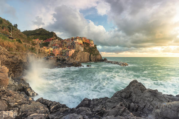 a magical sunset seen from the cliff, National Park of Cinque Terre, Manarola, municipality of Riomaggiore, La Spezia Province, Liguria district, Italy, Europe