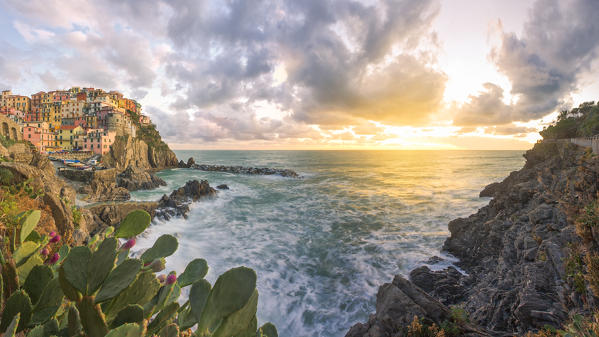 a magical sunset seen from the cliff, National Park of Cinque Terre, Manarola, municipality of Riomaggiore, La Spezia Province, Liguria district, Italy, Europe
